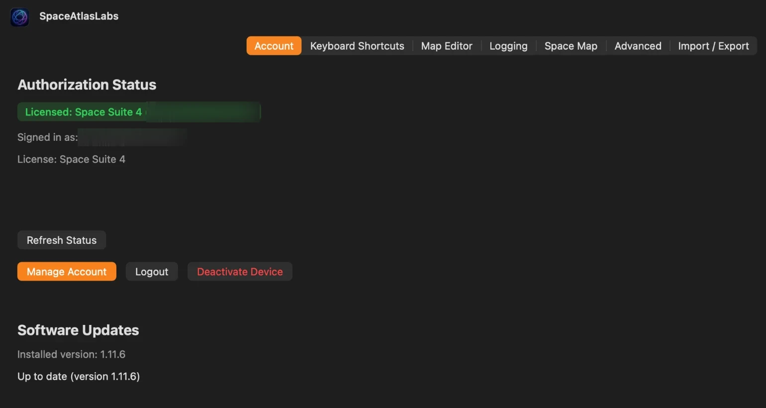Account tab in SpaceAtlas Settings