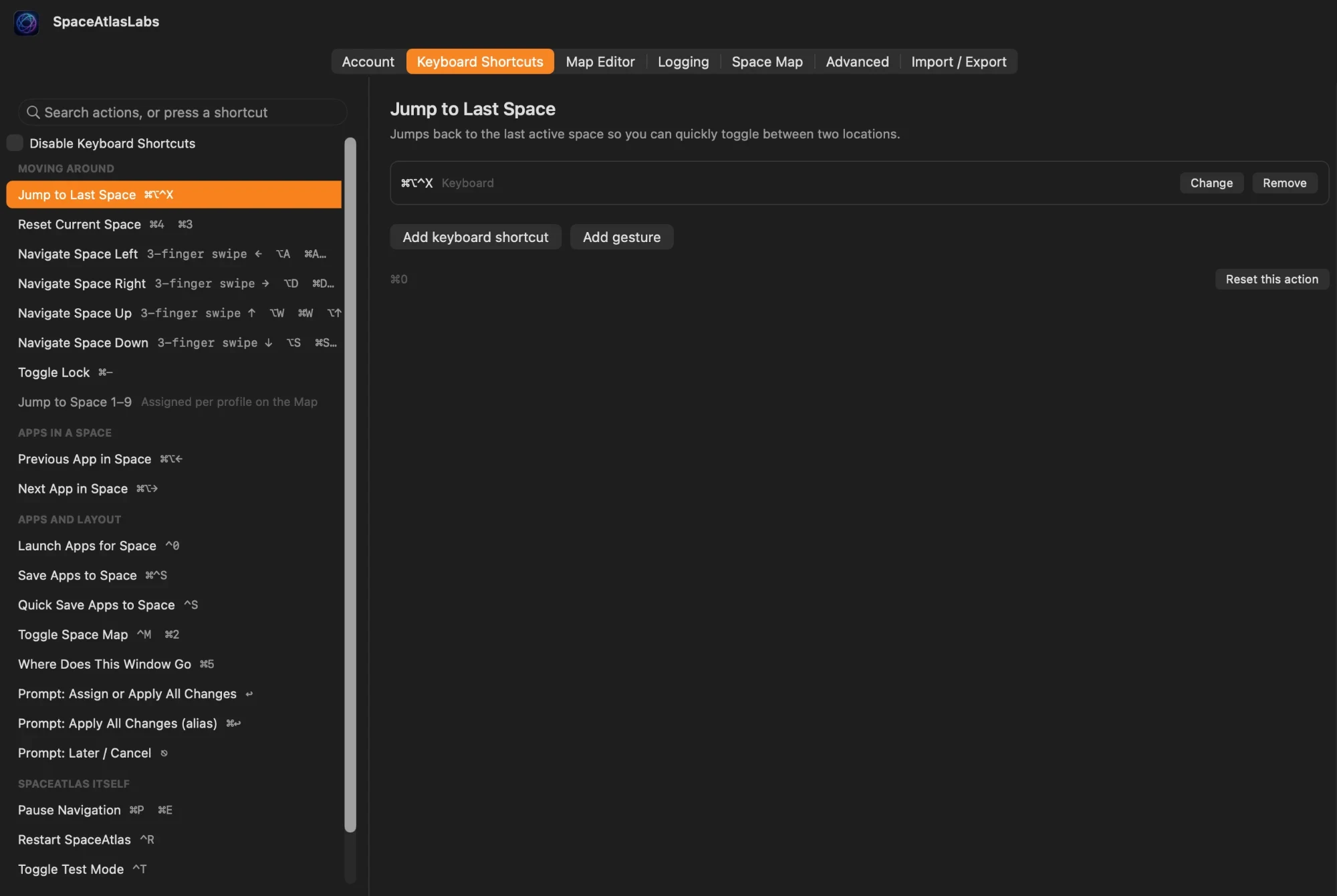 Keyboard Shortcuts settings in SpaceAtlas