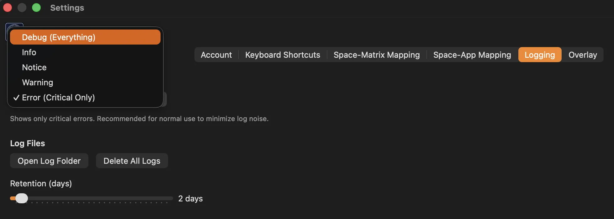 Logging settings in SpaceAtlas