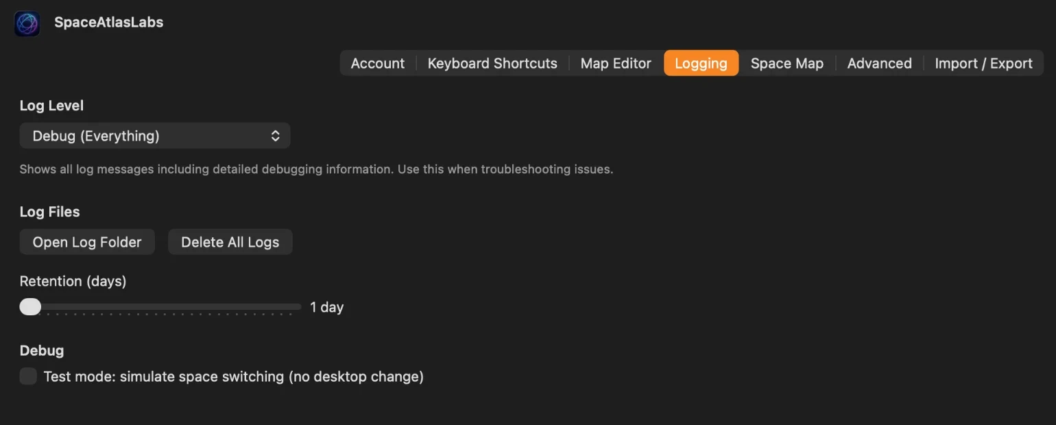 Logging settings in SpaceAtlas