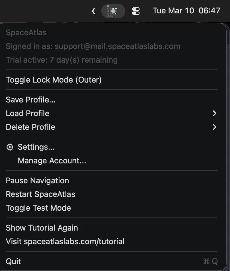 SpaceAtlas menu bar dropdown