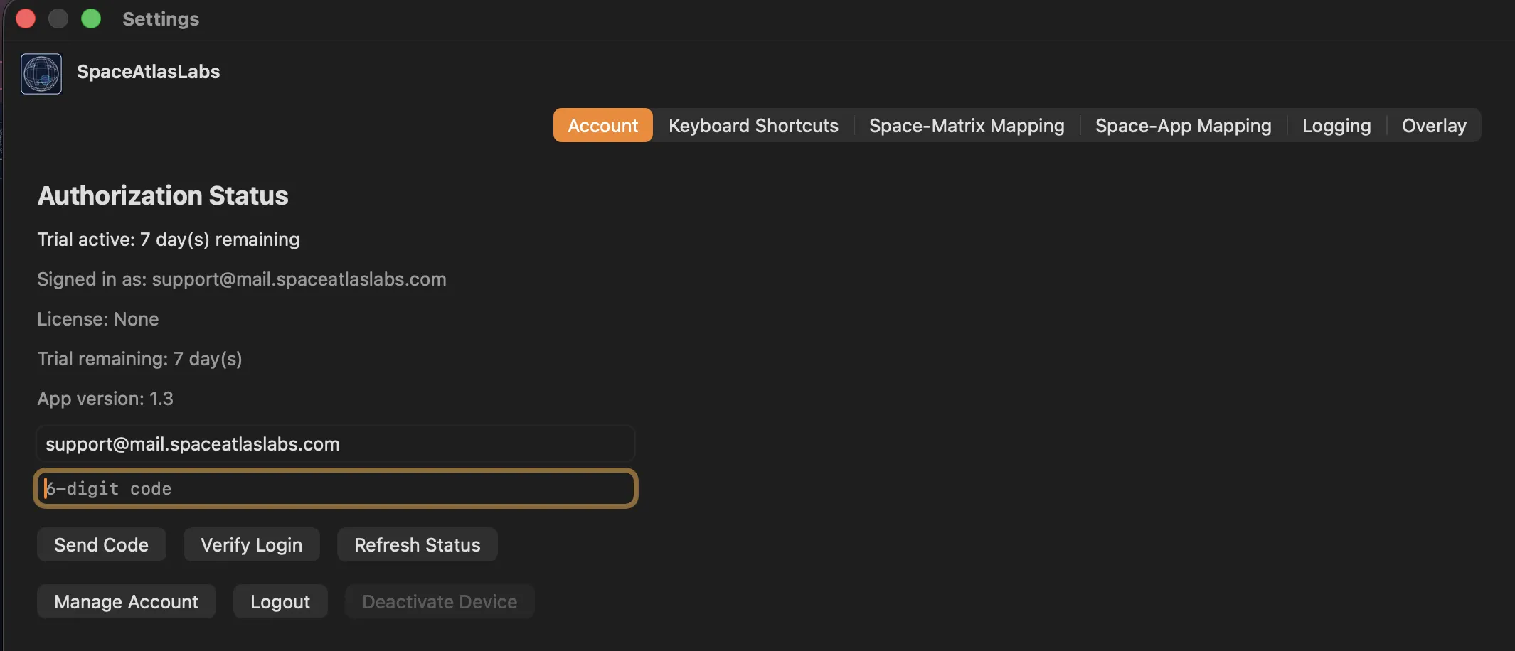 Account tab in SpaceAtlas Settings