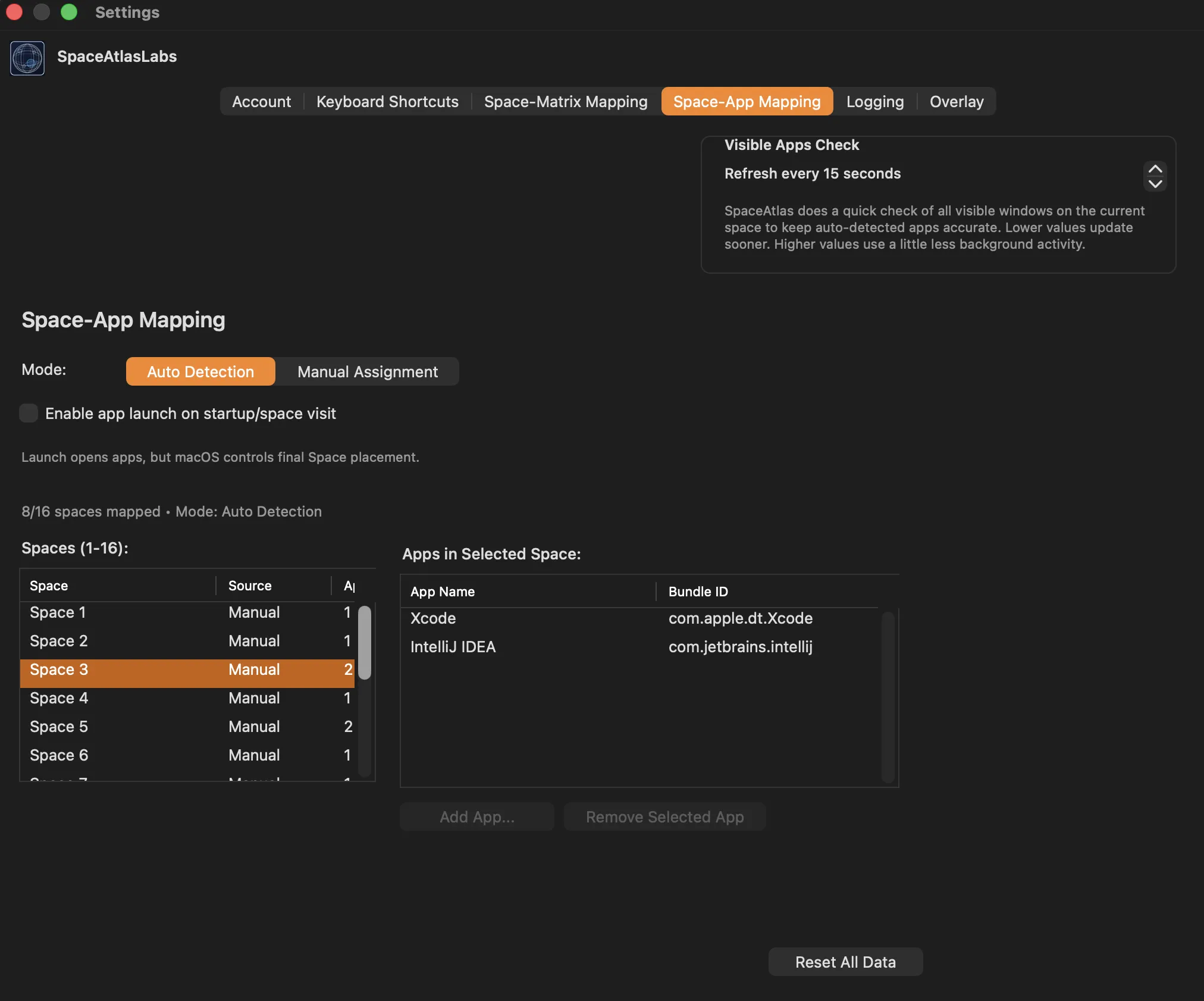 Space-App Mapping settings in SpaceAtlas