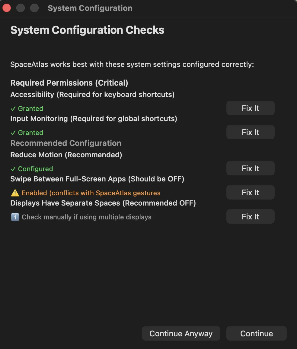 System Configuration check screen in SpaceAtlas