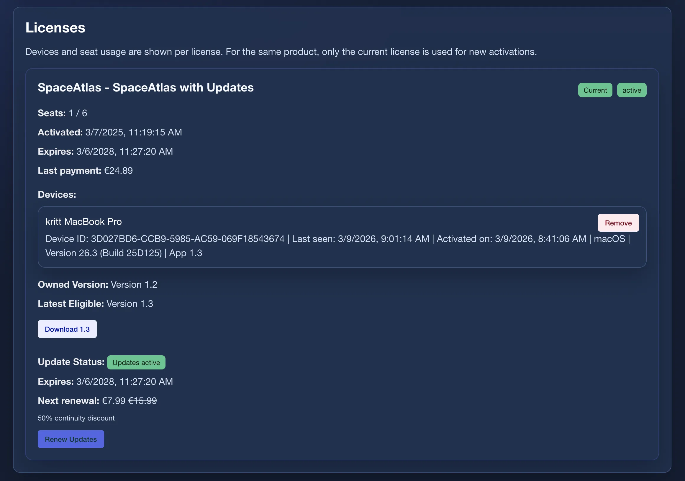 Account page on the SpaceAtlas Labs website