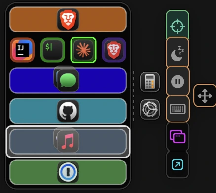The SpaceAtlas Space Map: nine spaces with their app icons, the current space highlighted, the inbox and the tool buttons