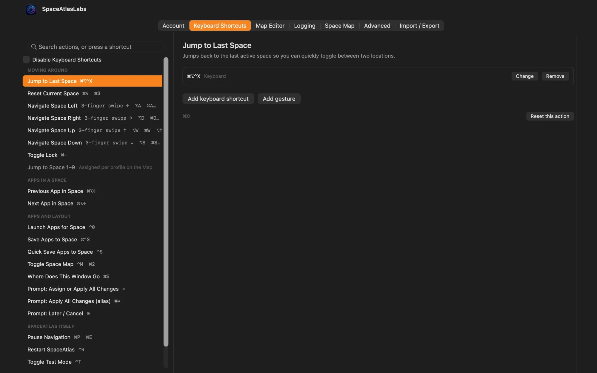 Keyboard Shortcuts settings: search actions and change their bindings