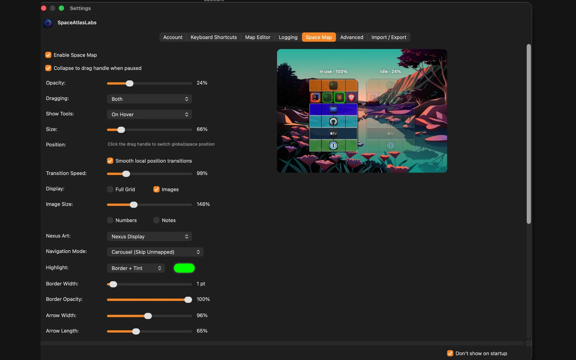 Space Map settings with a live preview of the map
